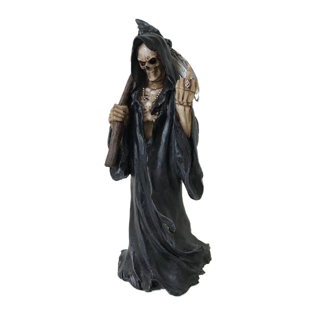 Gothic reaper figure in a black cloak with a scythe giving a middle finger salute