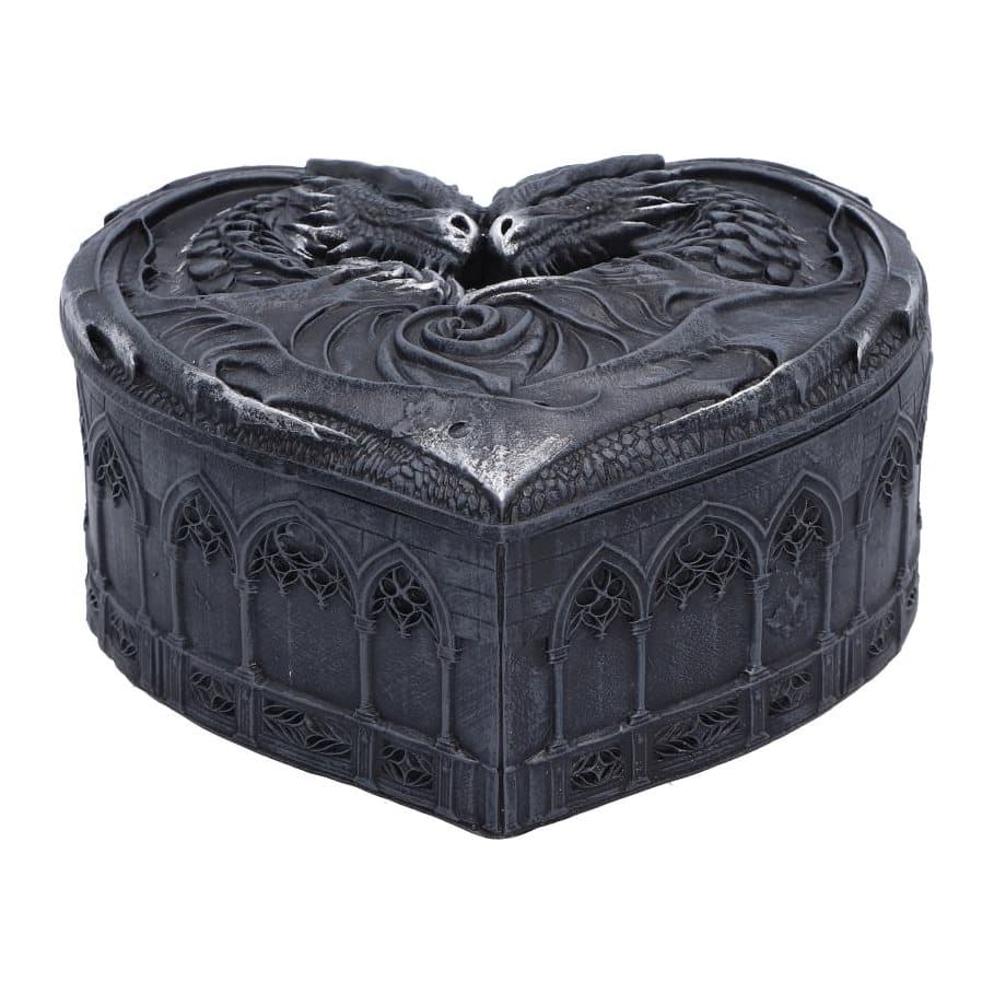 Heart-shaped trinket box with two hand-painted black and silver dragons