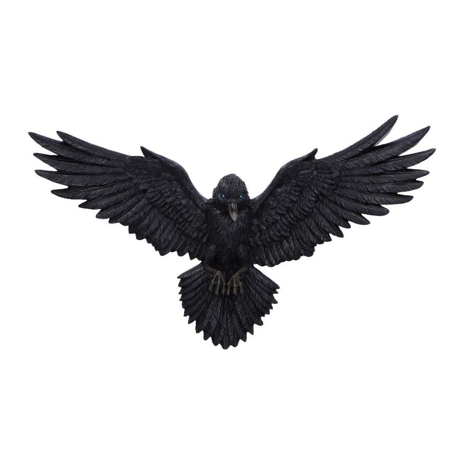 Black raven wall plaque with spread wings and blue eyes