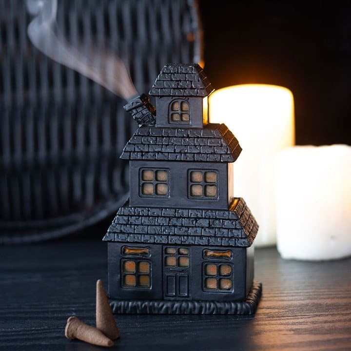 Black resin haunted house incense cone holder