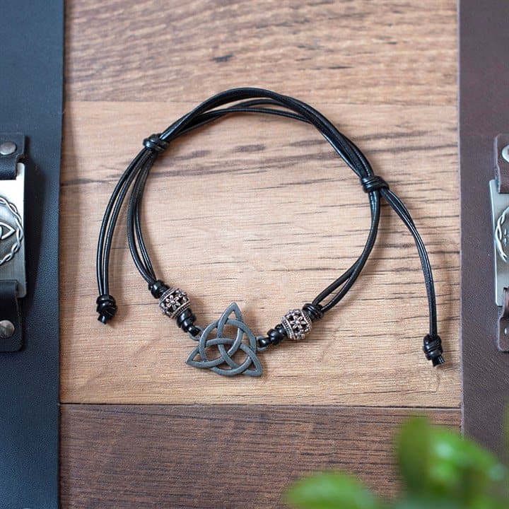 Black leather cord bracelet with a Celtic triquetra knot centrepiece