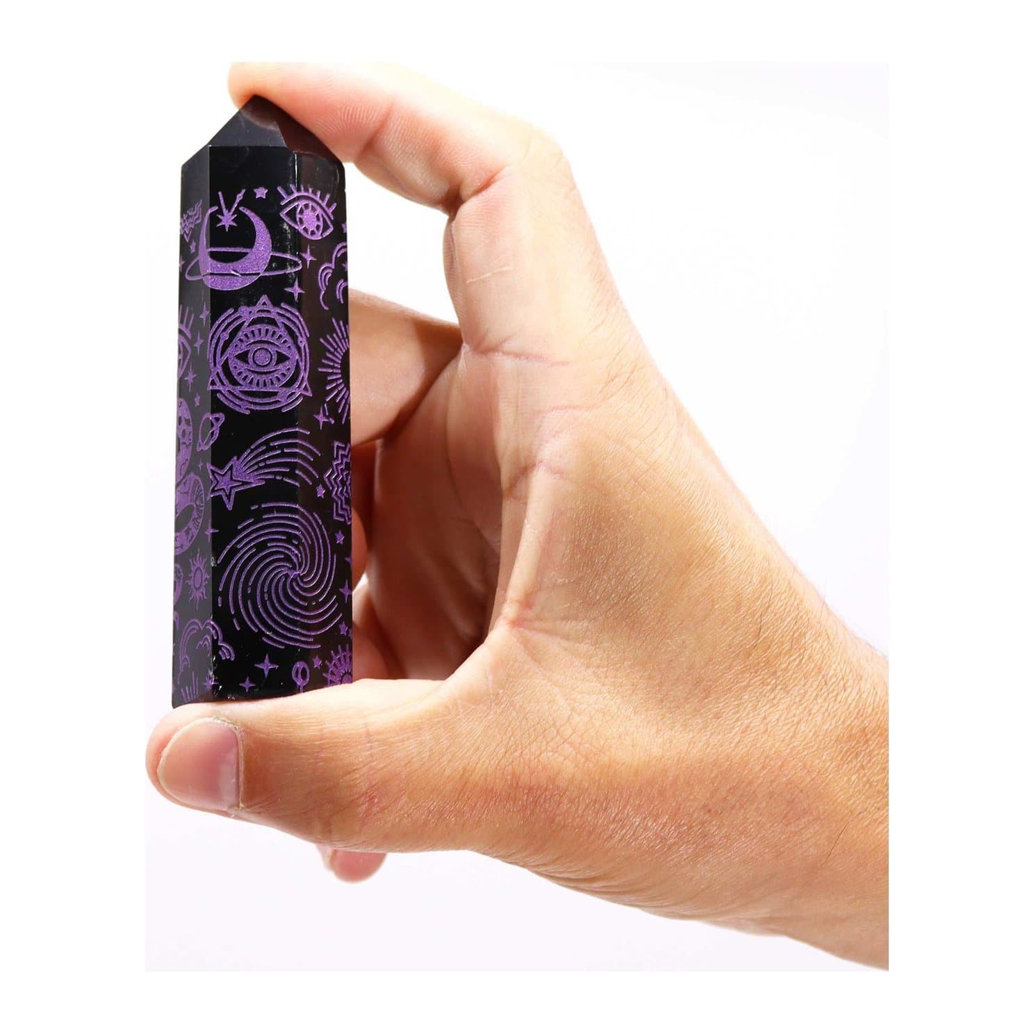 Black obsidian crystal point with deep purple celestial designs