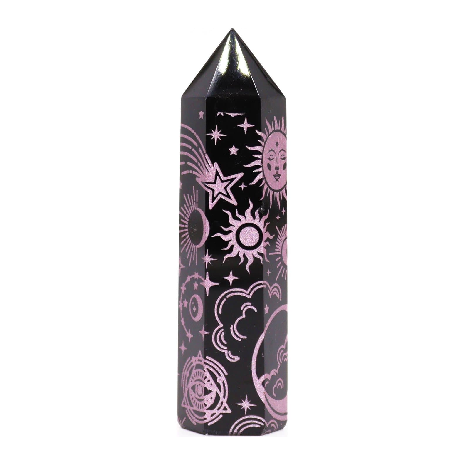 Black obsidian crystal point with a rose pink celestial design