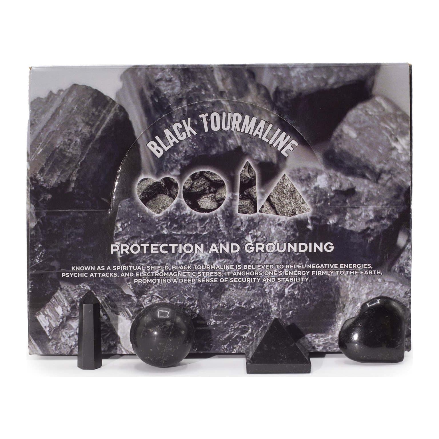 Black tourmaline heart, sphere, obelisk and pyramid in a polished set
