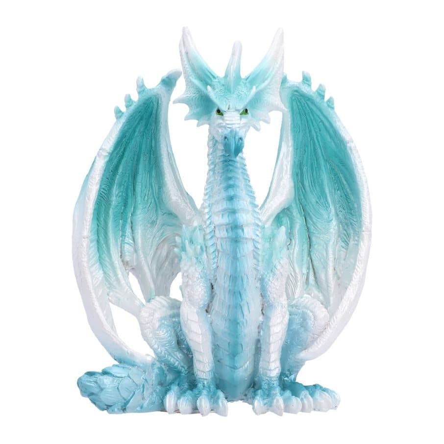 Sitting ice dragon figurine in light blue and icy white with wings and scales