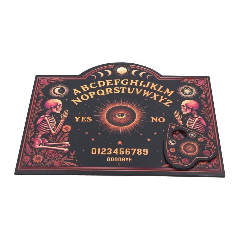 Wooden spirit board with two praying skeletons and floral accents in red and black