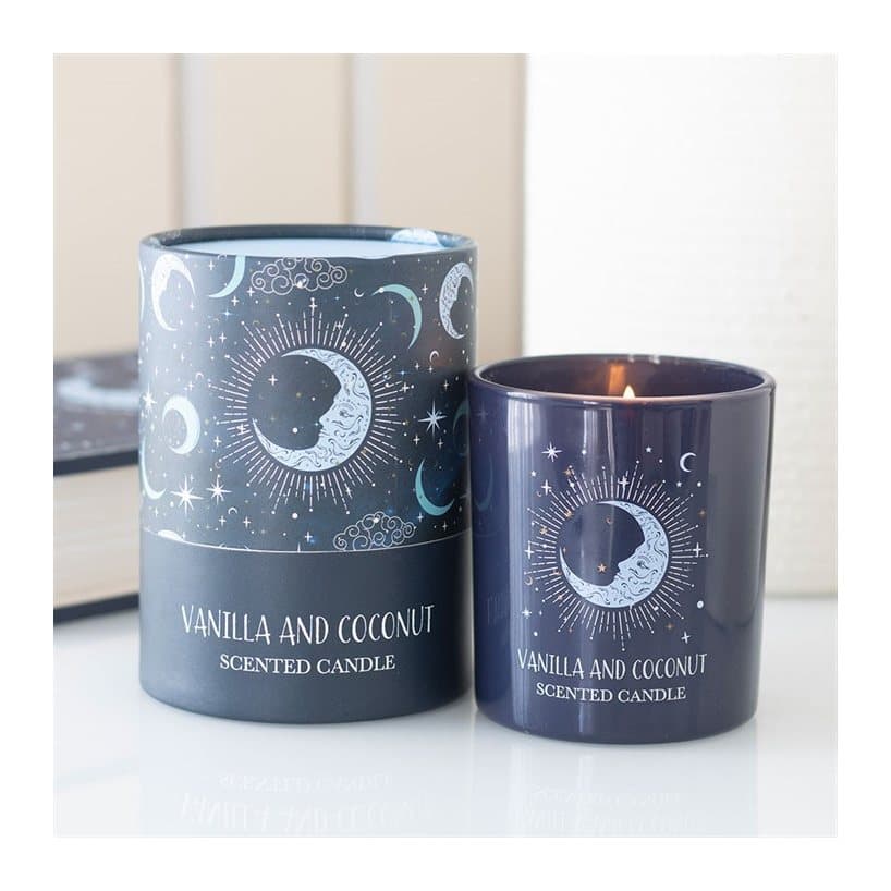 Blue Moon vanilla and coconut scented candle with a celestial design