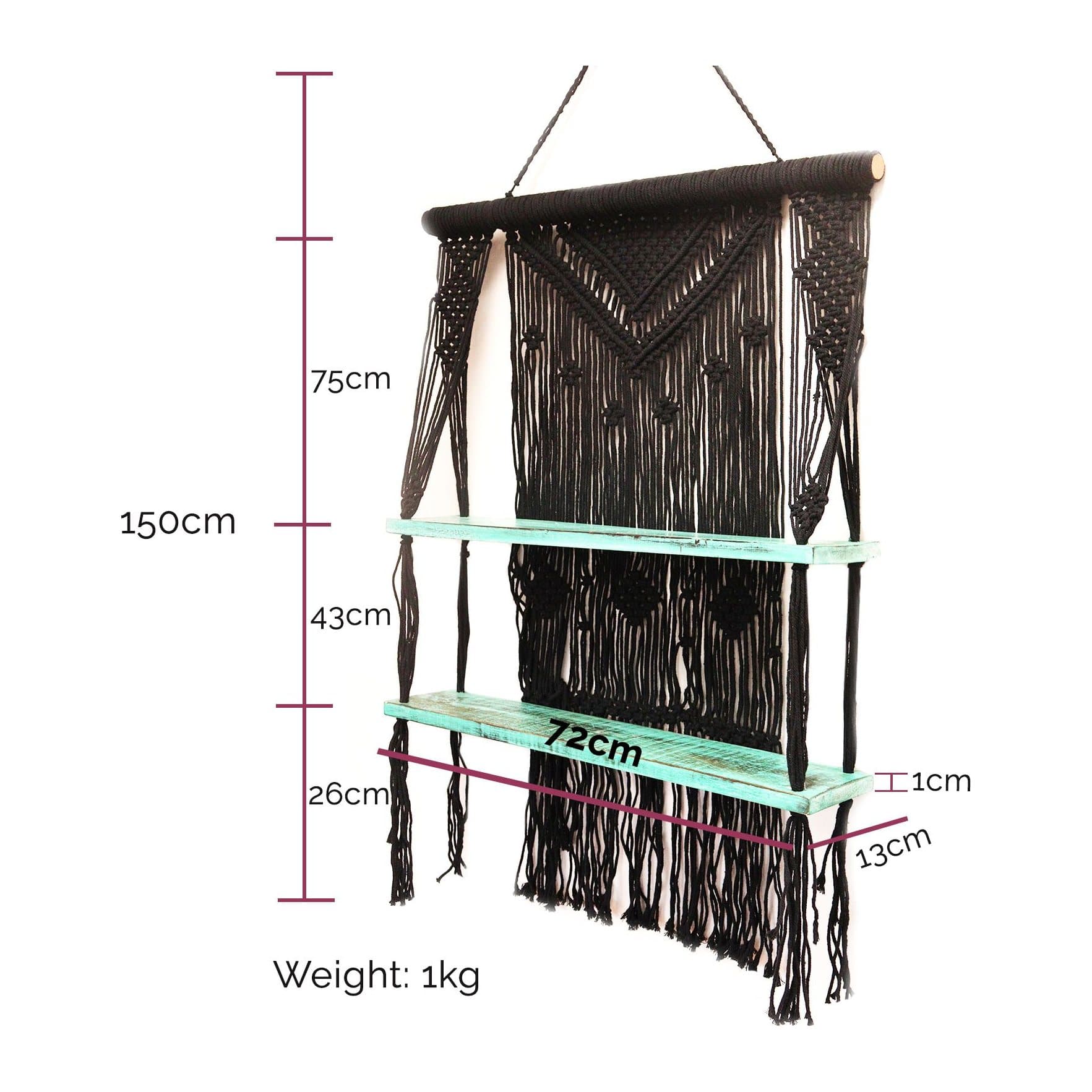 Macrame hanging shelves with Albesia wood shelves and cotton rope