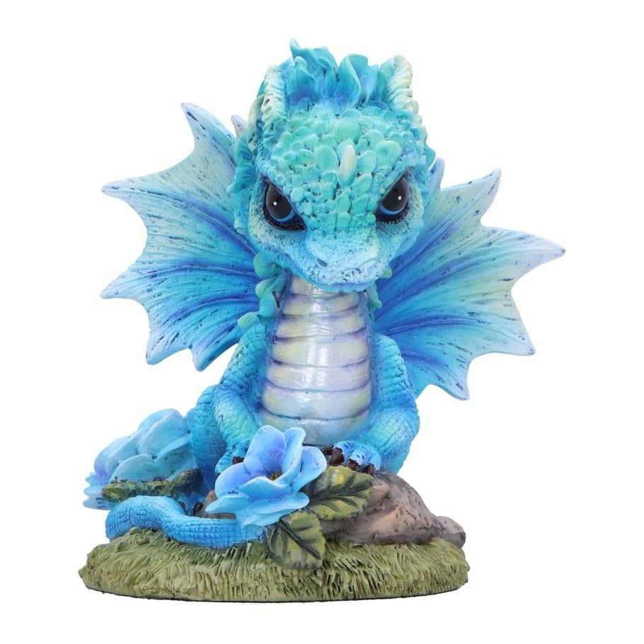Blue and turquoise baby dragon figurine on a grassy base with blue poppies