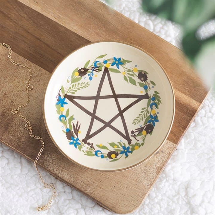 Ceramic trinket dish with a botanical pentagram wreath design