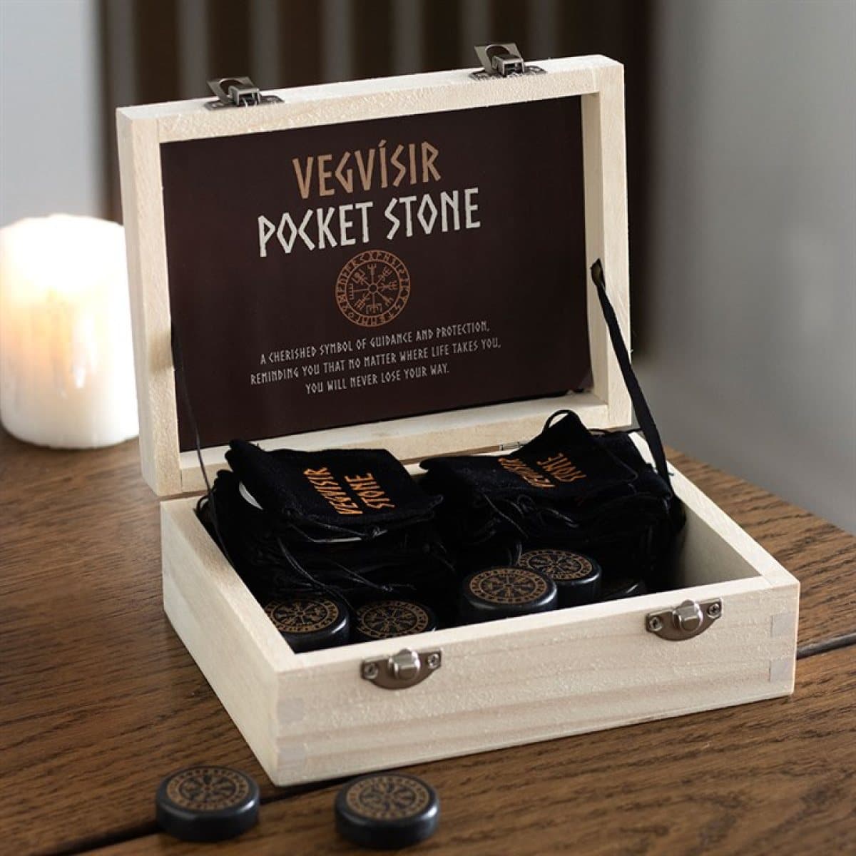 Box of 24 Vegvisir Viking compass pocket stones in a wooden display box