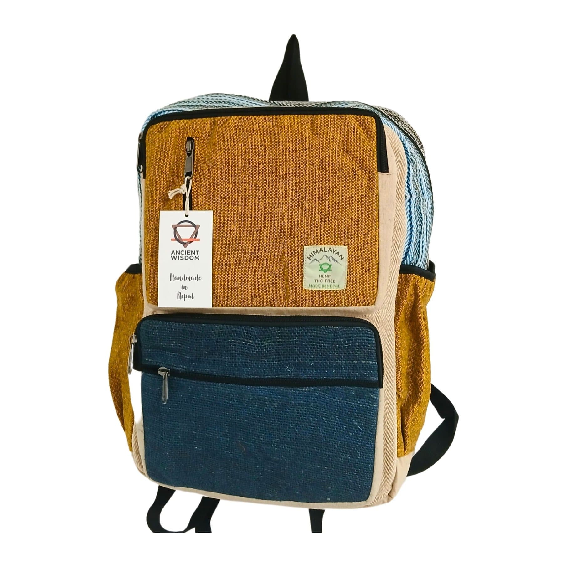 Large boxy hemp backpack in teal and turmeric
