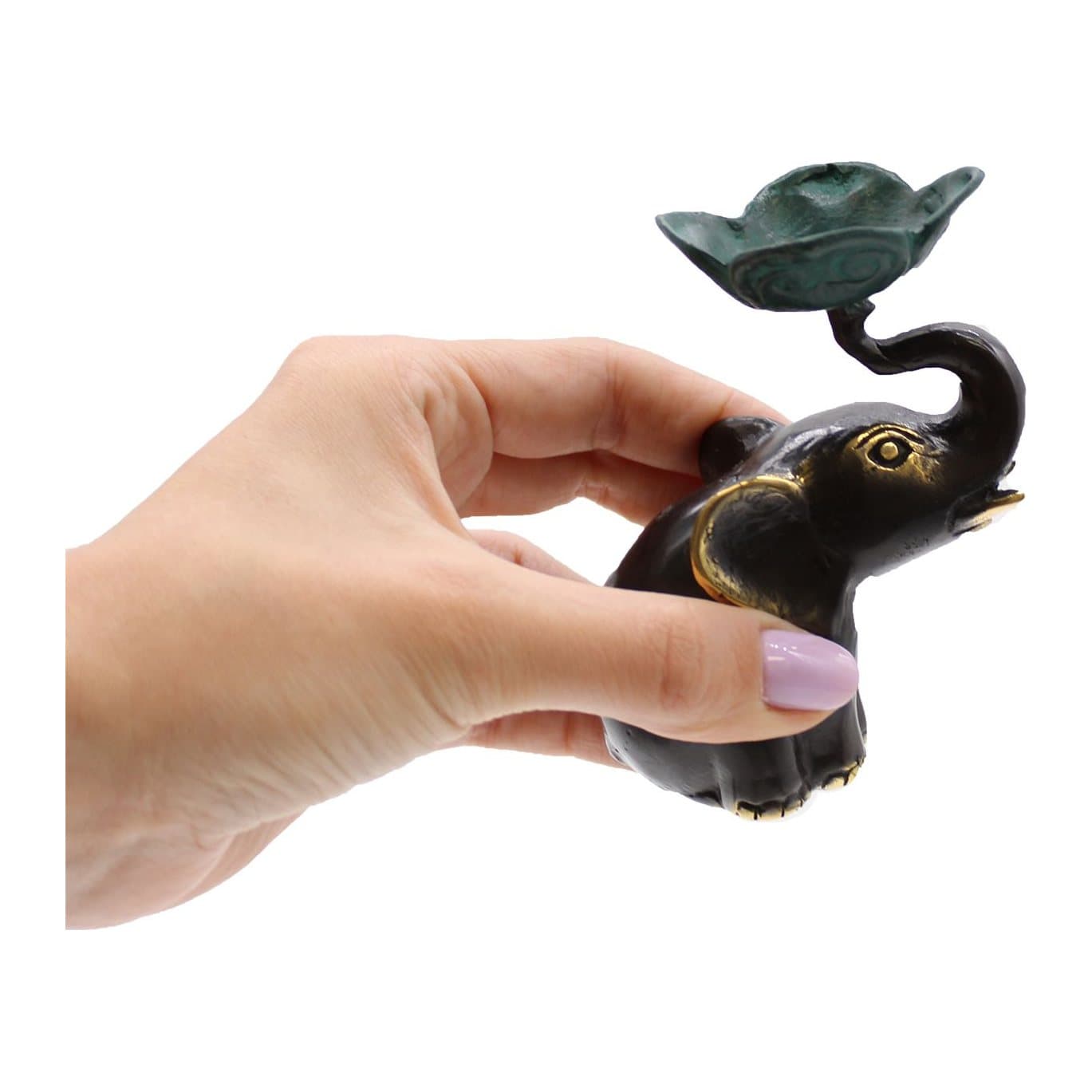 Small brass elephant candle and incense holder with antique finish