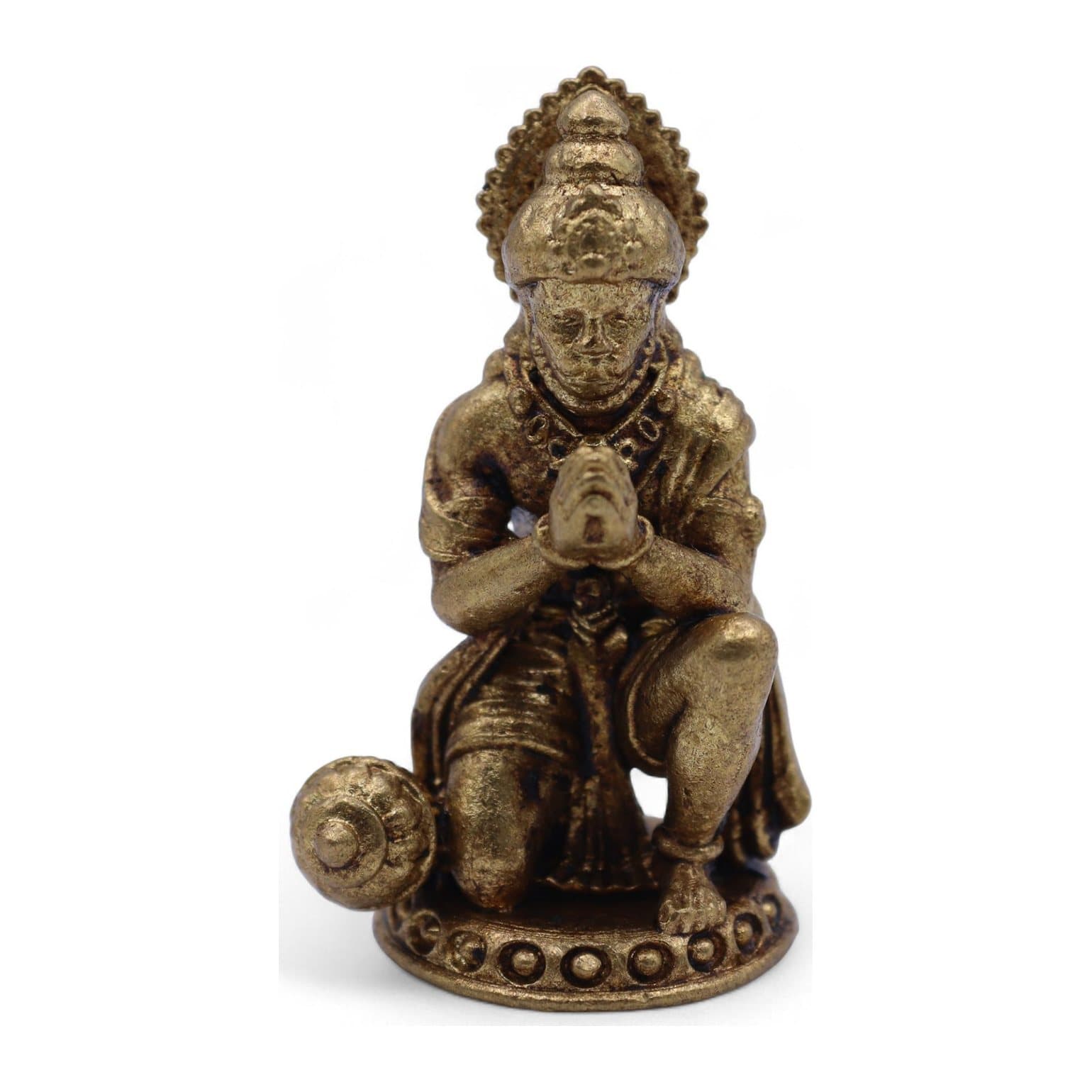 Small brass figures of Hanuman in prayer and Ganesha seated on a lotus base