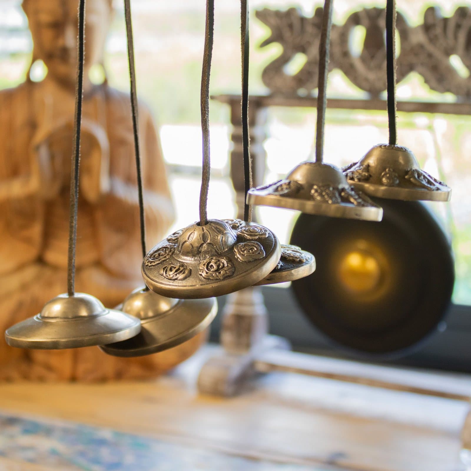 Solid brass Tibetan tingsha bells engraved with symbols