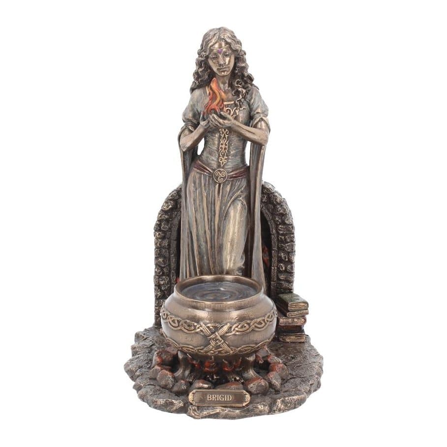 Resin figurine of Brigid in a green dress with a red flame, cauldron and books