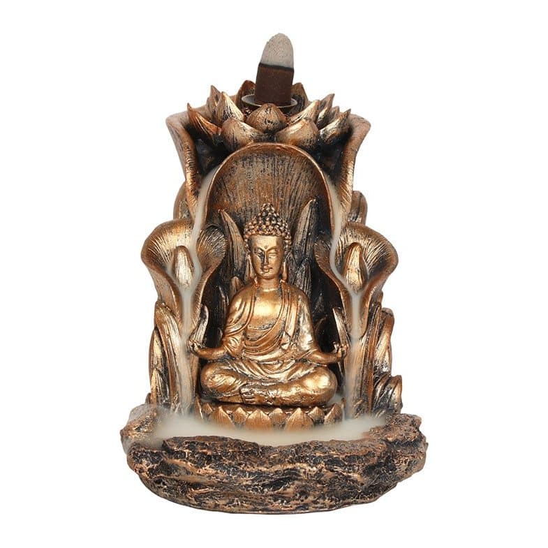 Bronze Buddha and lotus leaf backflow incense burner in resin