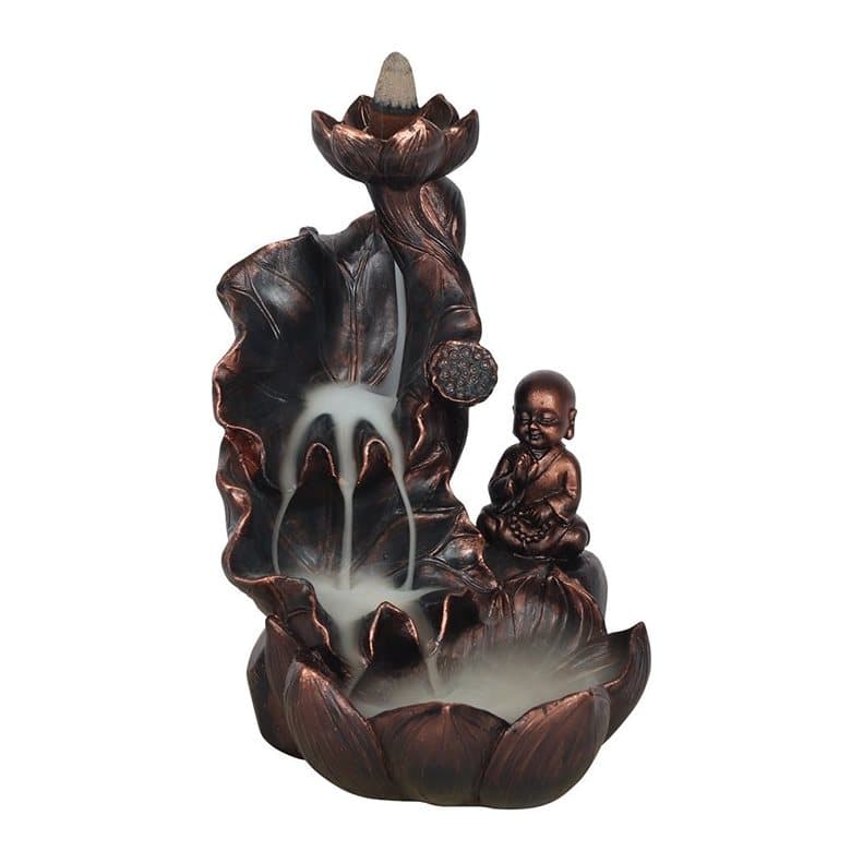 Bronze effect Buddha backflow incense burner with oversized flowers
