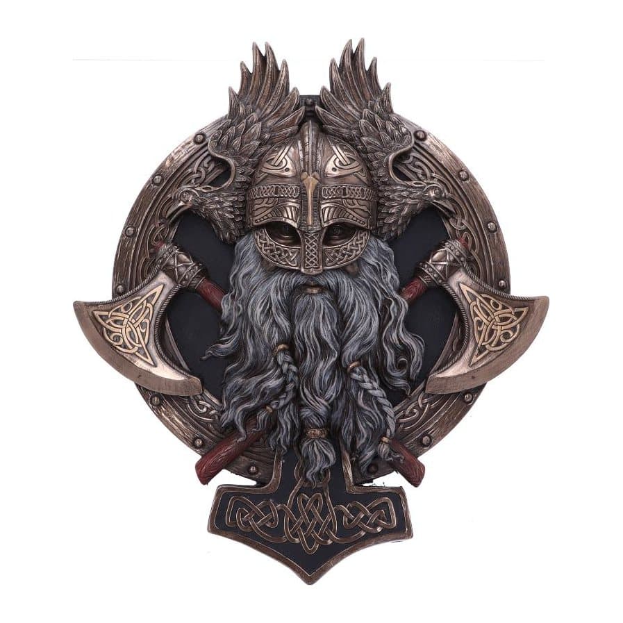 Bronze Viking wall plaque with a warrior's face between two ravens and patterned axes