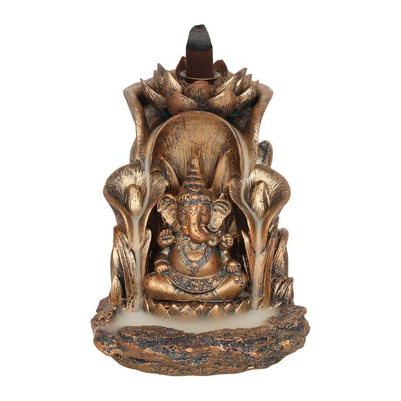 Bronze Ganesh and lotus leaf backflow incense burner