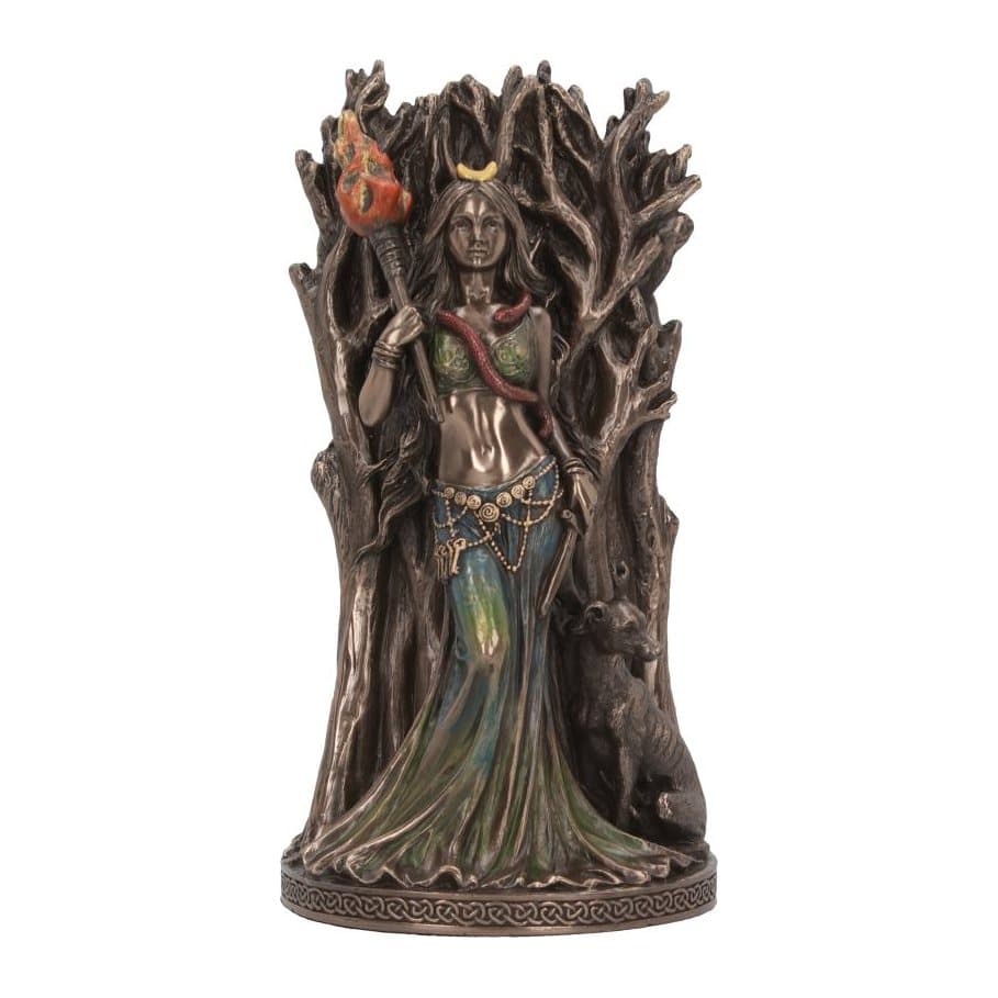 Bronze Hecate figurine holding a torch with her dog beside her