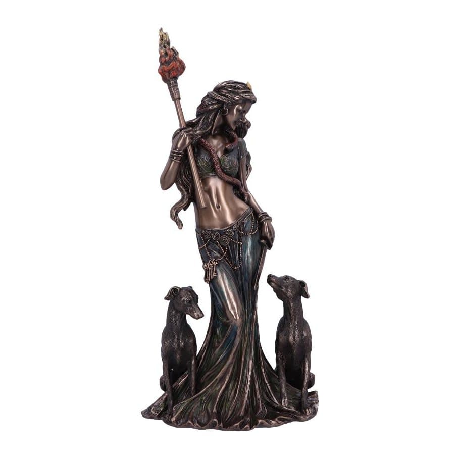 Bronze-finish Hecate figurine holding a torch, with dogs at her side