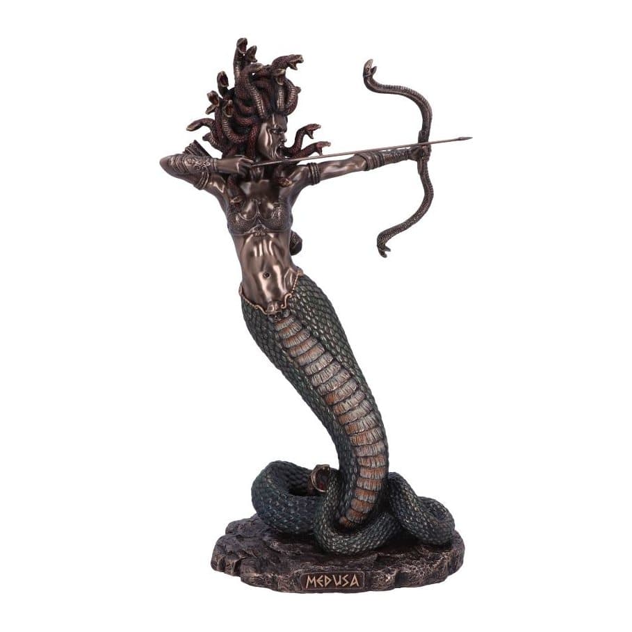 Bronzed Medusa figurine with red serpent hair and an emerald serpent lower body