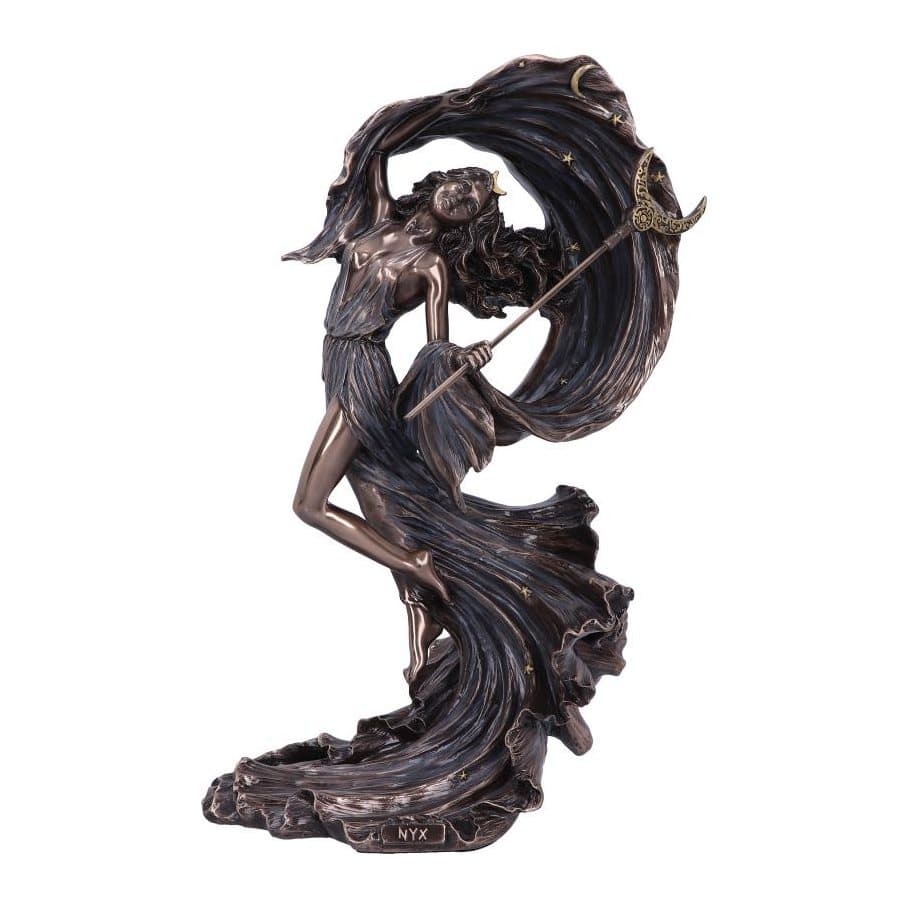 Bronzed resin figurine of Nyx holding a crescent moon staff
