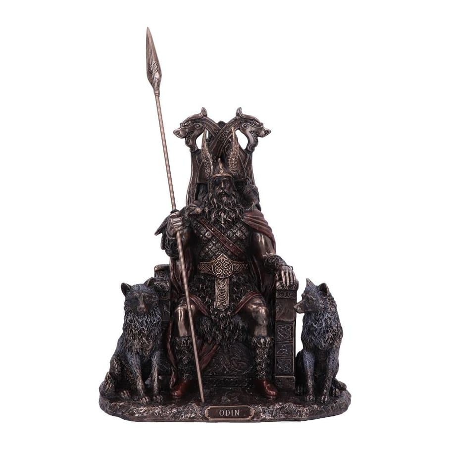 Bronzed resin figurine of Odin on a throne with wolves and ravens