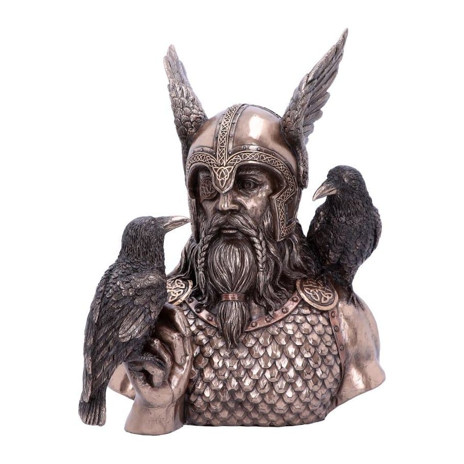 Bronze finish bust of Odin with winged helm and two ravens