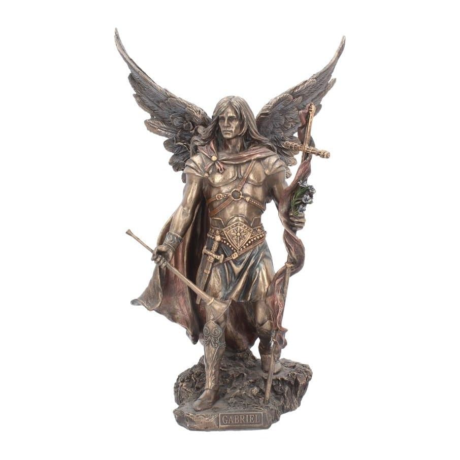 Bronzed Archangel Gabriel figurine with spread wings, horn and cross staff
