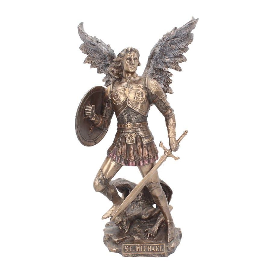 Bronzed Archangel Michael figurine with spread wings and a sword