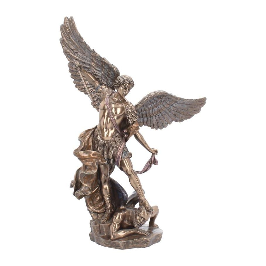 Bronzed resin Archangel Michael figurine with wings spread wide