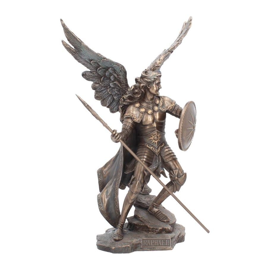 Bronzed Archangel Raphael figurine in armour holding a spear and shield