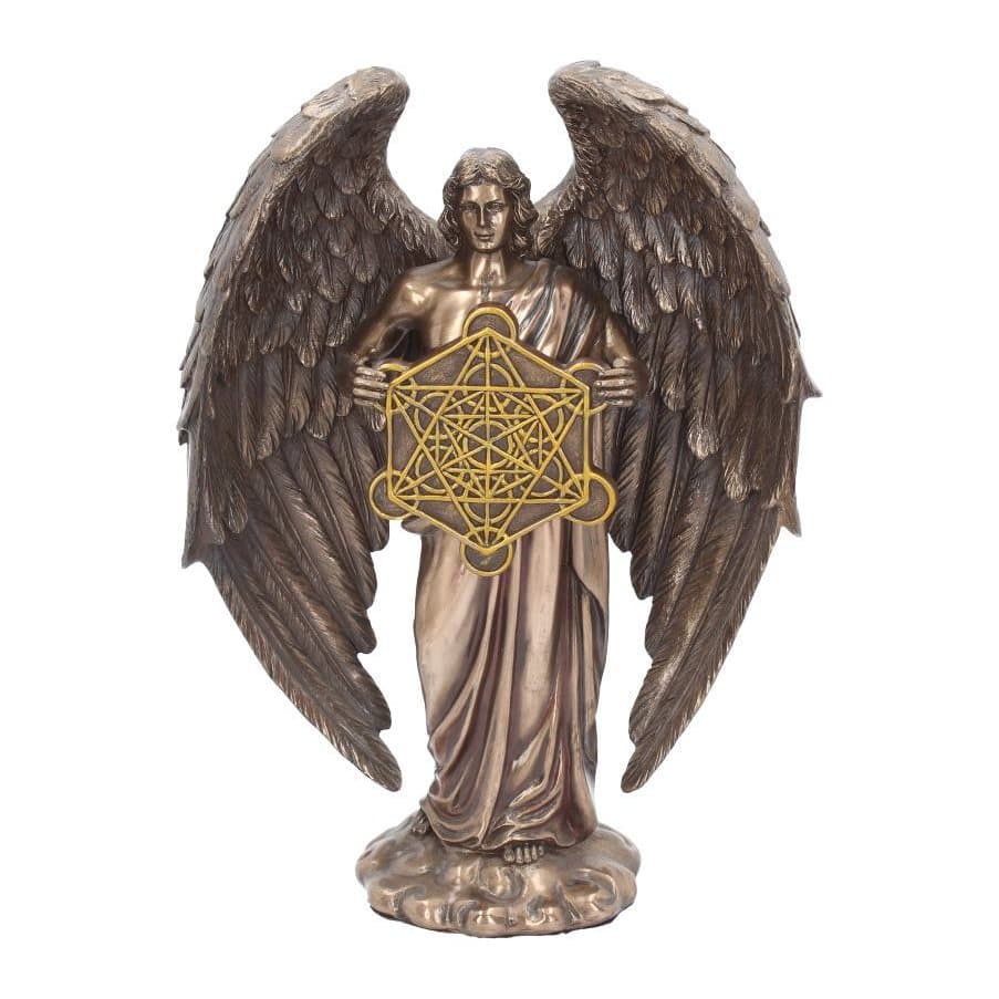 Bronzed Metatron archangel figure holding a Metatron Cube