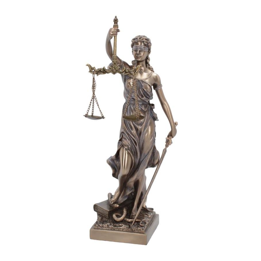 Bronzed resin La Justicia goddess statue holding scales, blindfolded