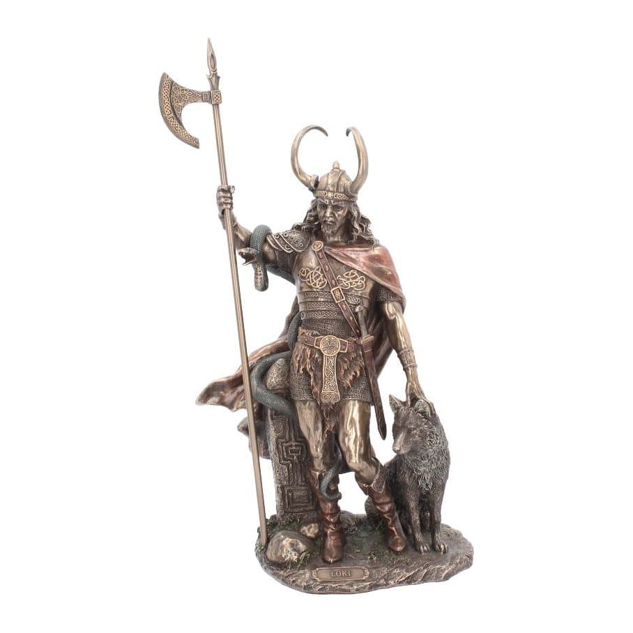 Bronzed Loki figurine with a dark wolf and green serpent