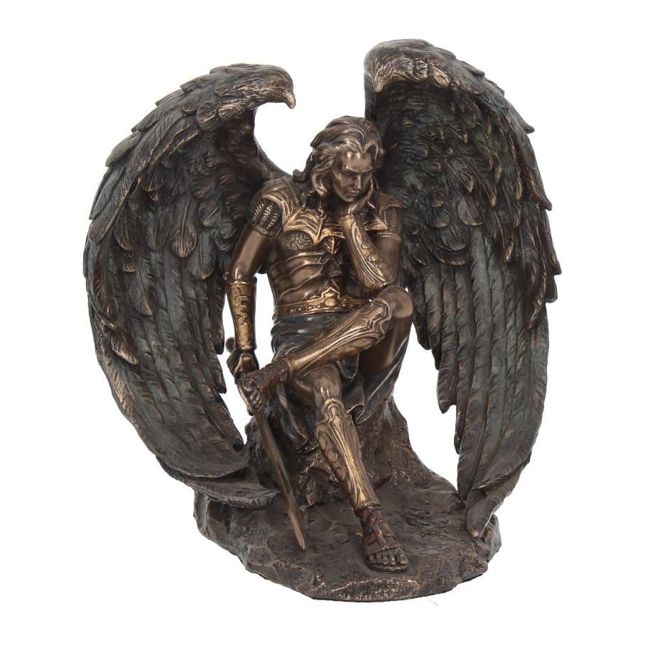 Bronze-finish Lucifer figurine seated on a rock with wings and armour