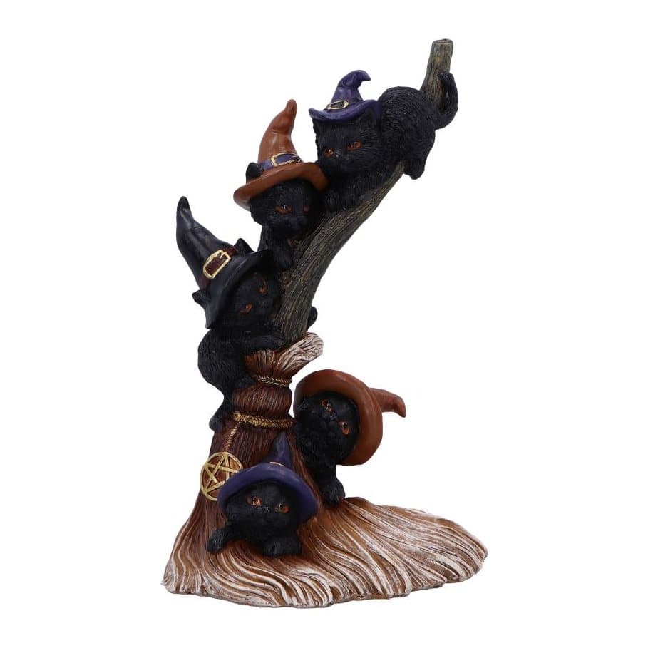 Five black cats guarding a witch's broomstick, hand-painted resin ornament