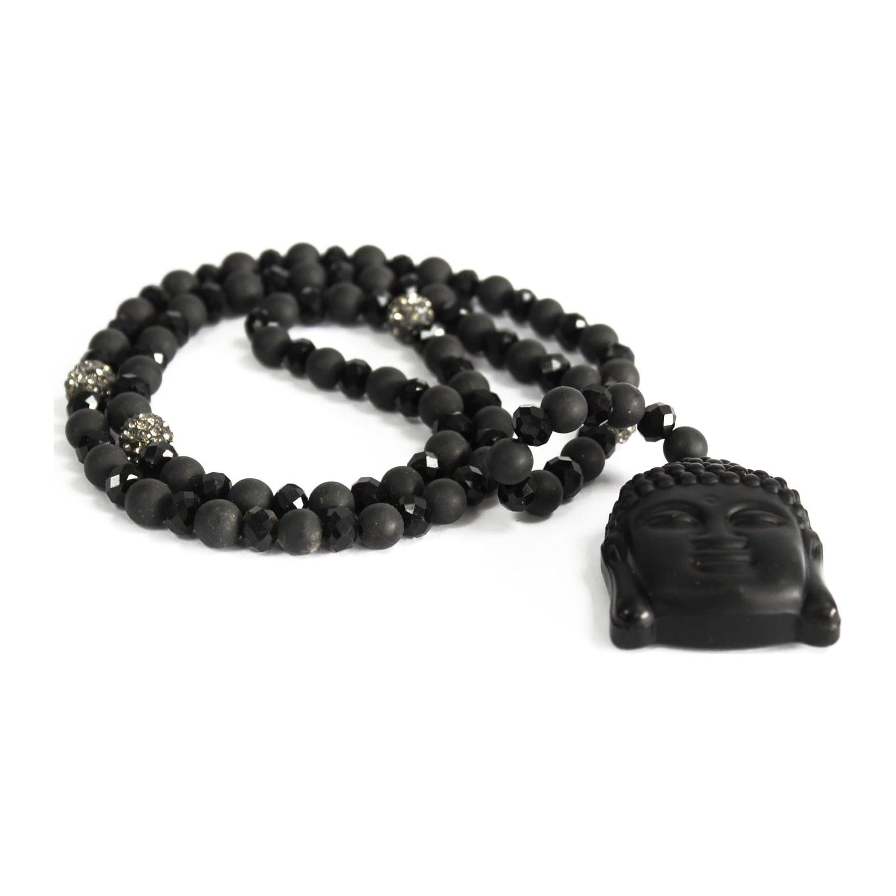 Black agate beaded necklace with Buddha pendant