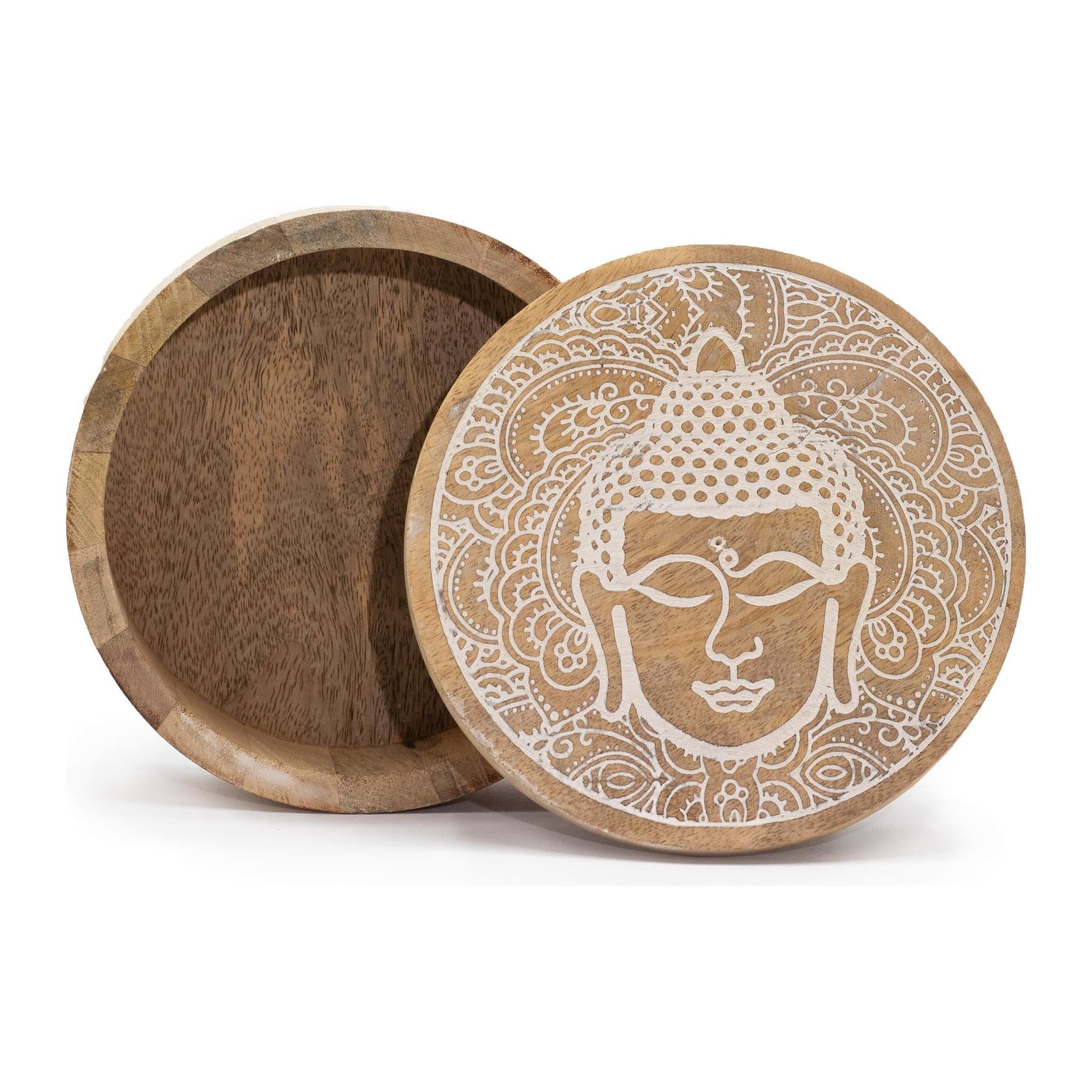 Round whitewashed mango wood box with the face of the Buddha