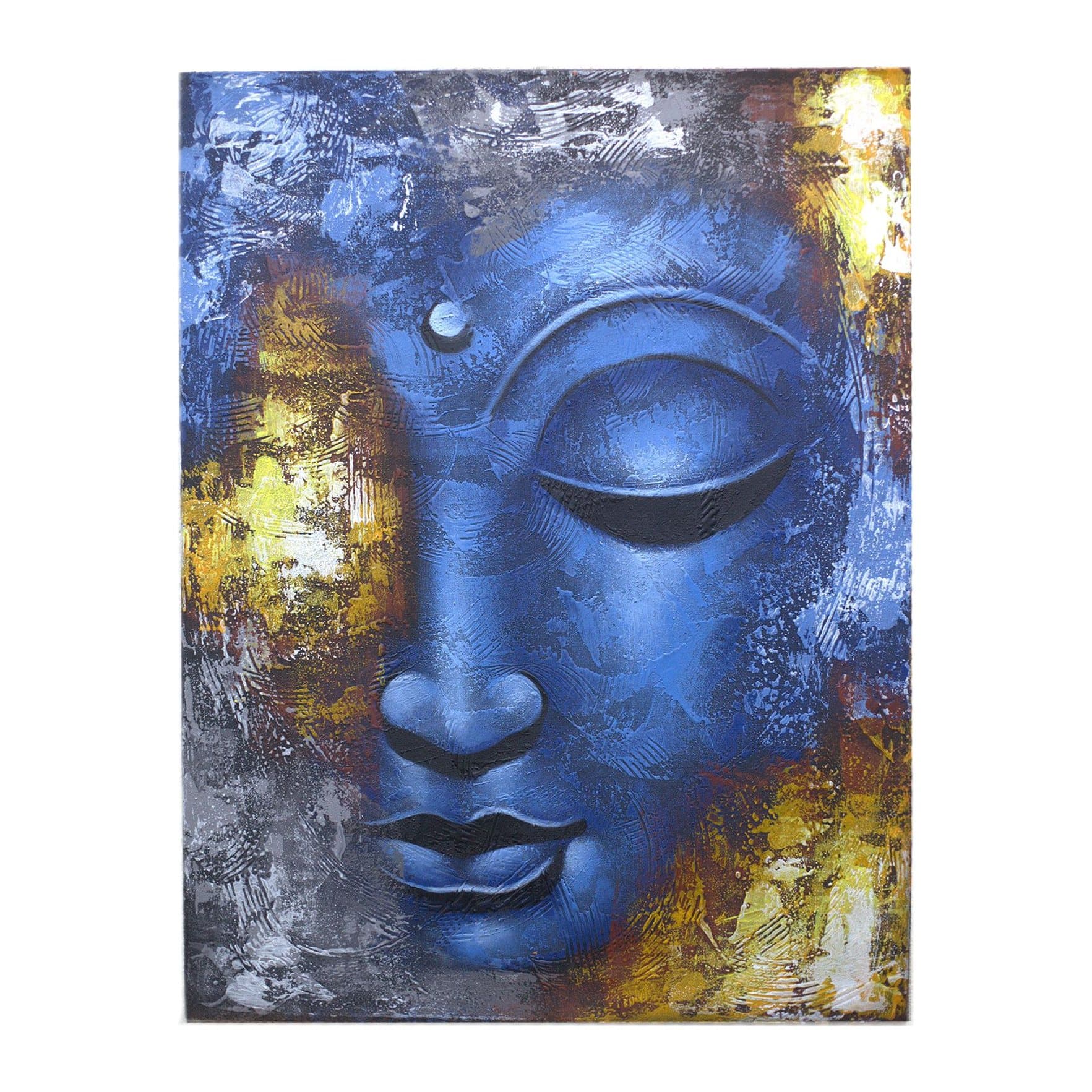 Abstract Buddha painting with a blue face in a wooden frame