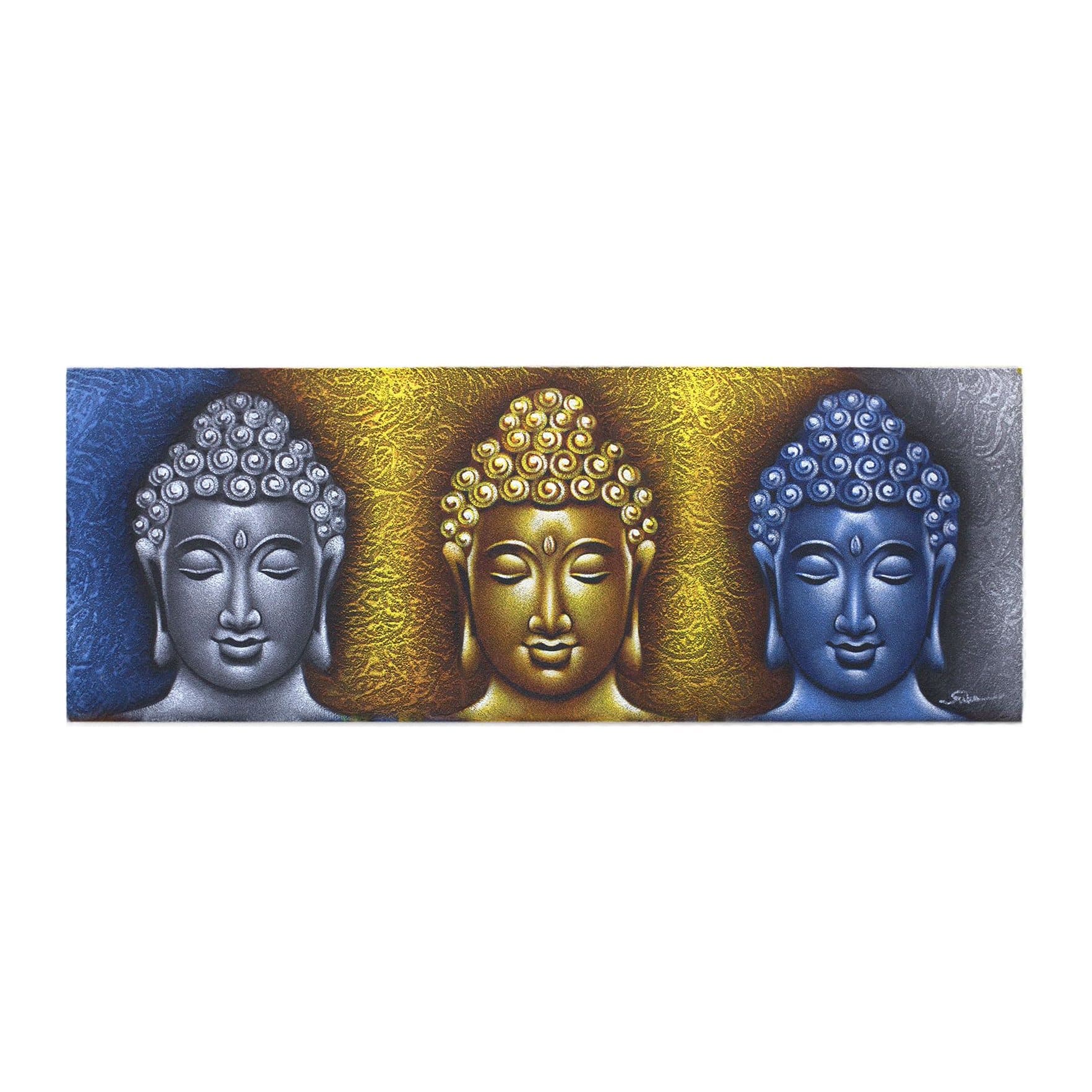 Buddha painting of three heads with gold detail in a wooden frame