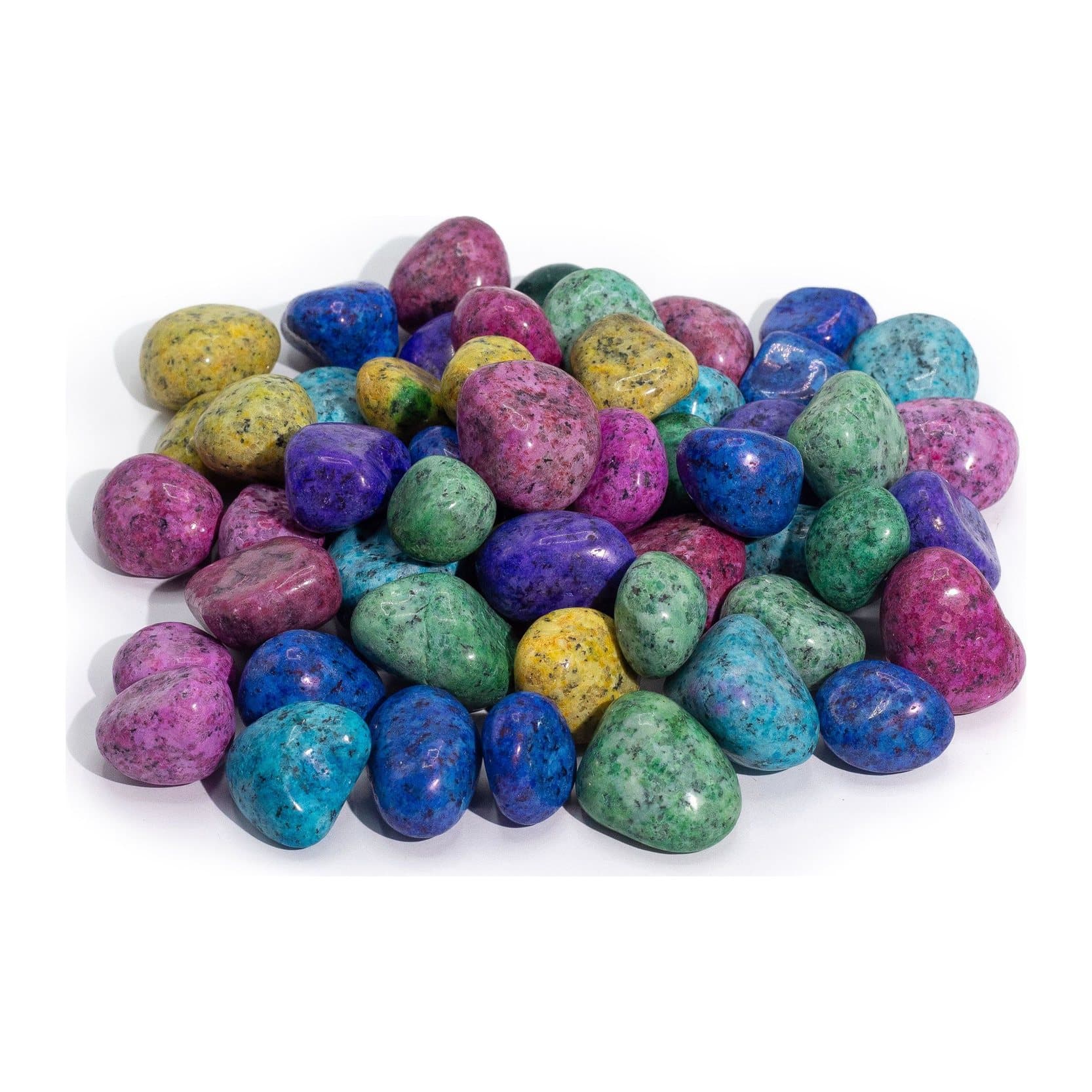 Pile of tumbled spotted stones in blue, green, pink, purple and yellow