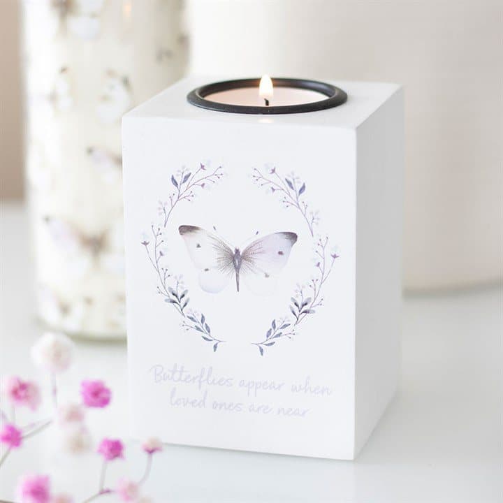 White box-style tealight holder with a grey butterfly and a phrase