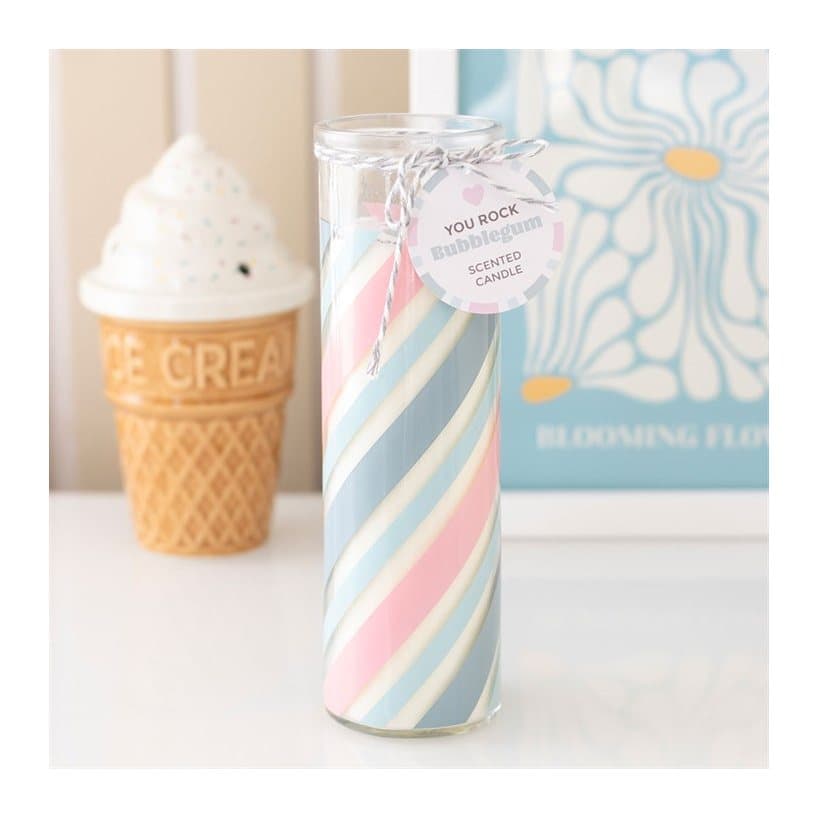 Blue candy stripe glass tube candle with a You rock swing tag