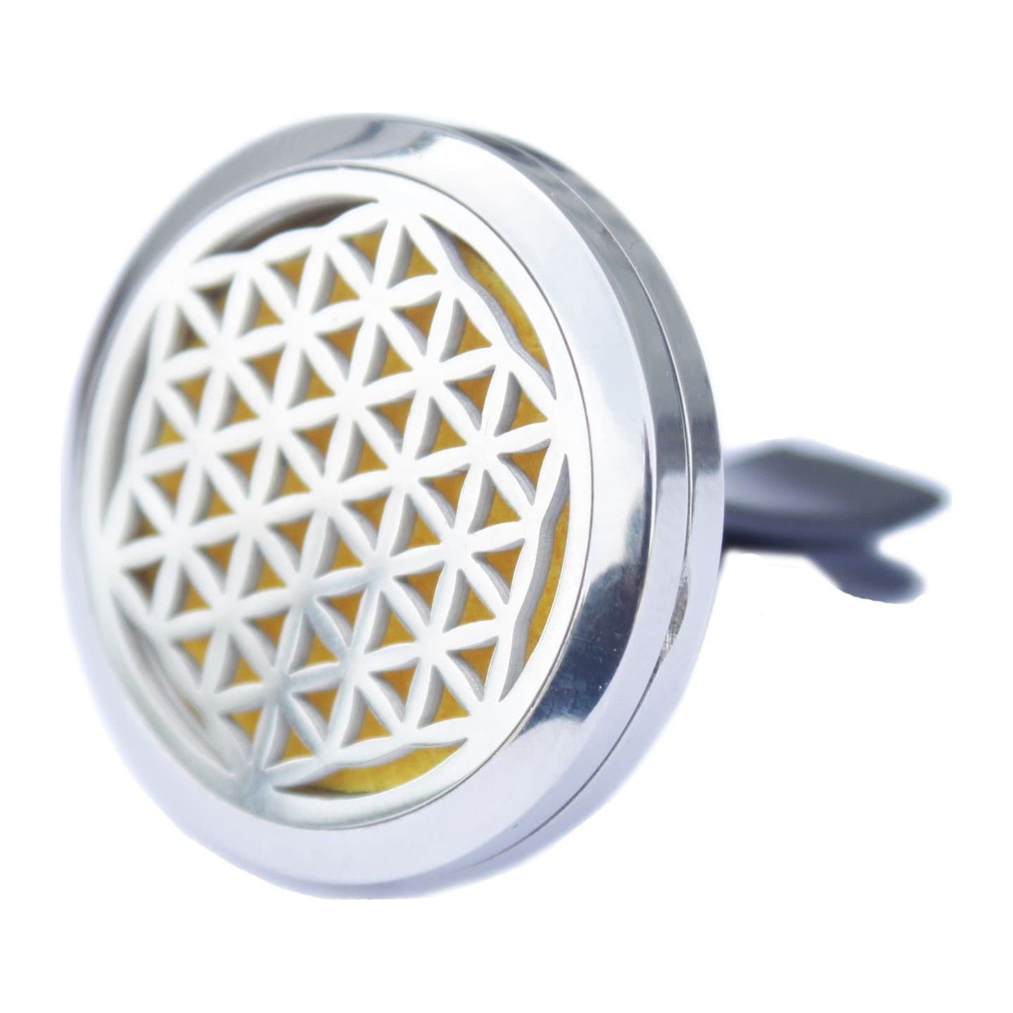 Stainless steel Flower of Life car diffuser locket with coloured felt pads