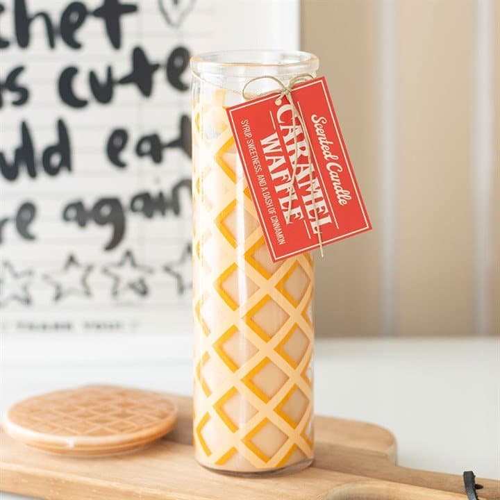 Caramel waffle scented tube candle with hang tag