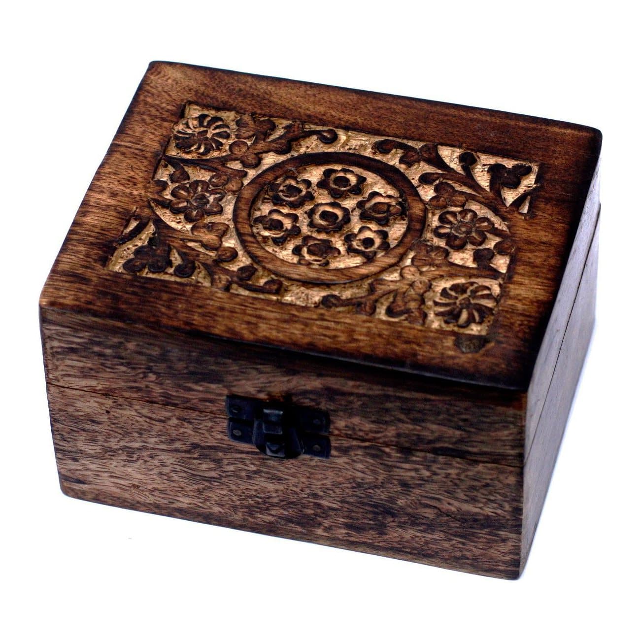 Mango wood box with hand-carved floral design