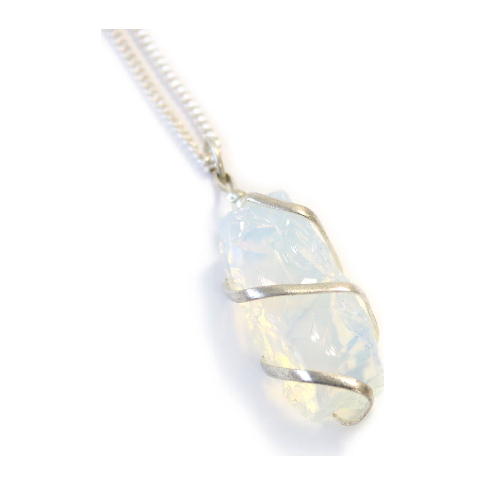 Rough milky-white opalite stone wrapped on a necklace chain
